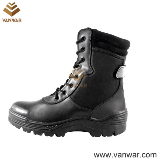 Black Leather Military Combat Boots with Slip-Resistant Rubber Outsole (WCB014)